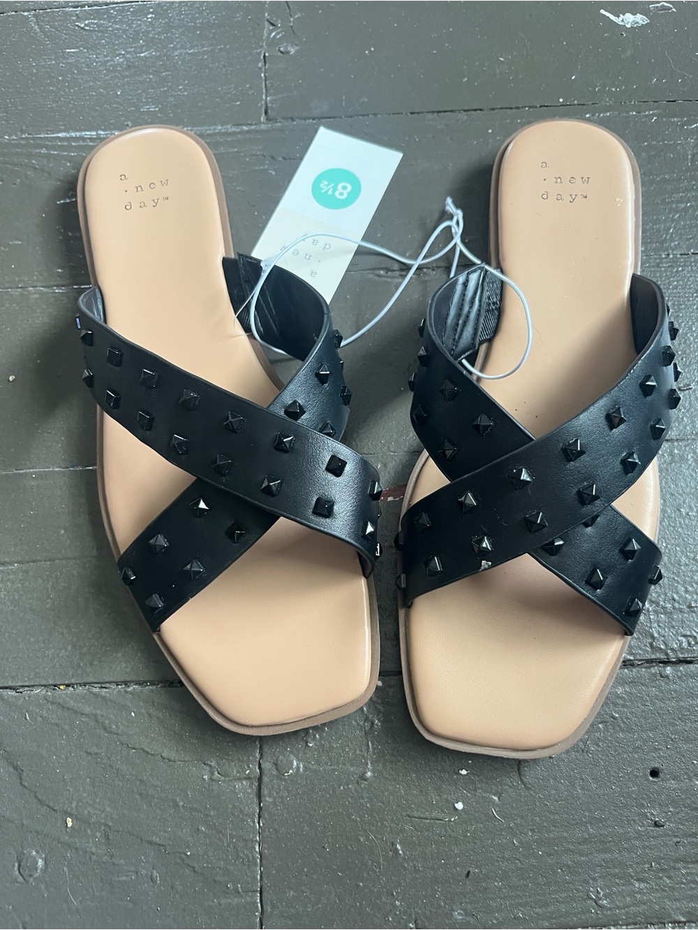a new day Black Studded Crisscross Slide Sandals